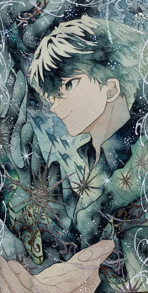 手描きイラスト オリジナル 「翡翠の魔術師」 原画 男の子 青年 創作 変形サイズ 透明水彩