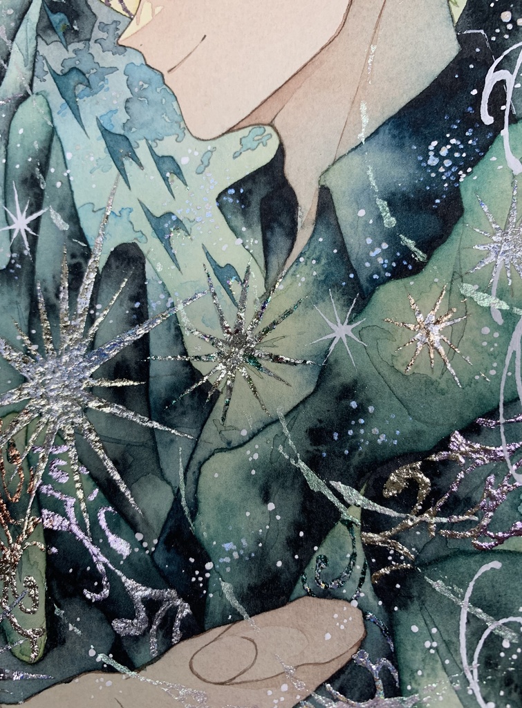 手描きイラスト オリジナル 「翡翠の魔術師」 原画 男の子 青年 創作 変形サイズ 透明水彩