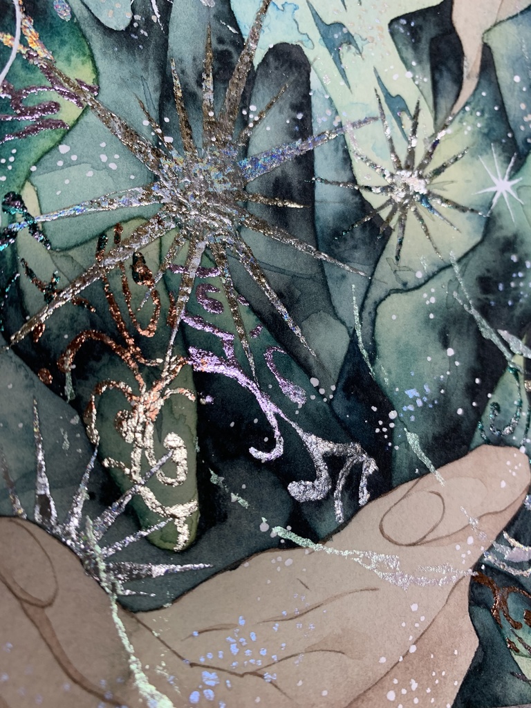 手描きイラスト オリジナル 「翡翠の魔術師」 原画 男の子 青年 創作 変形サイズ 透明水彩