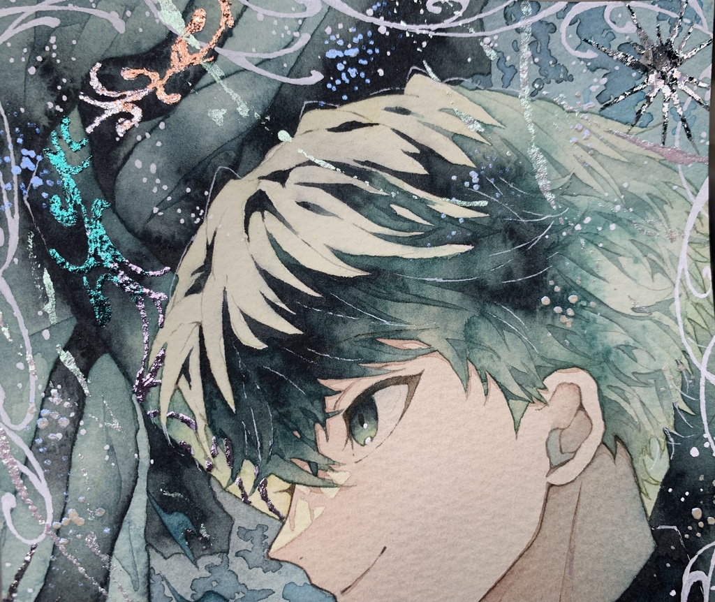 手描きイラスト オリジナル 「翡翠の魔術師」 原画 男の子 青年 創作 変形サイズ 透明水彩