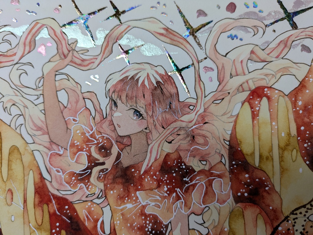 手描きイラスト オリジナル 「魔法のスカート」 原画 創作 女の子 変形サイズ 透明水彩