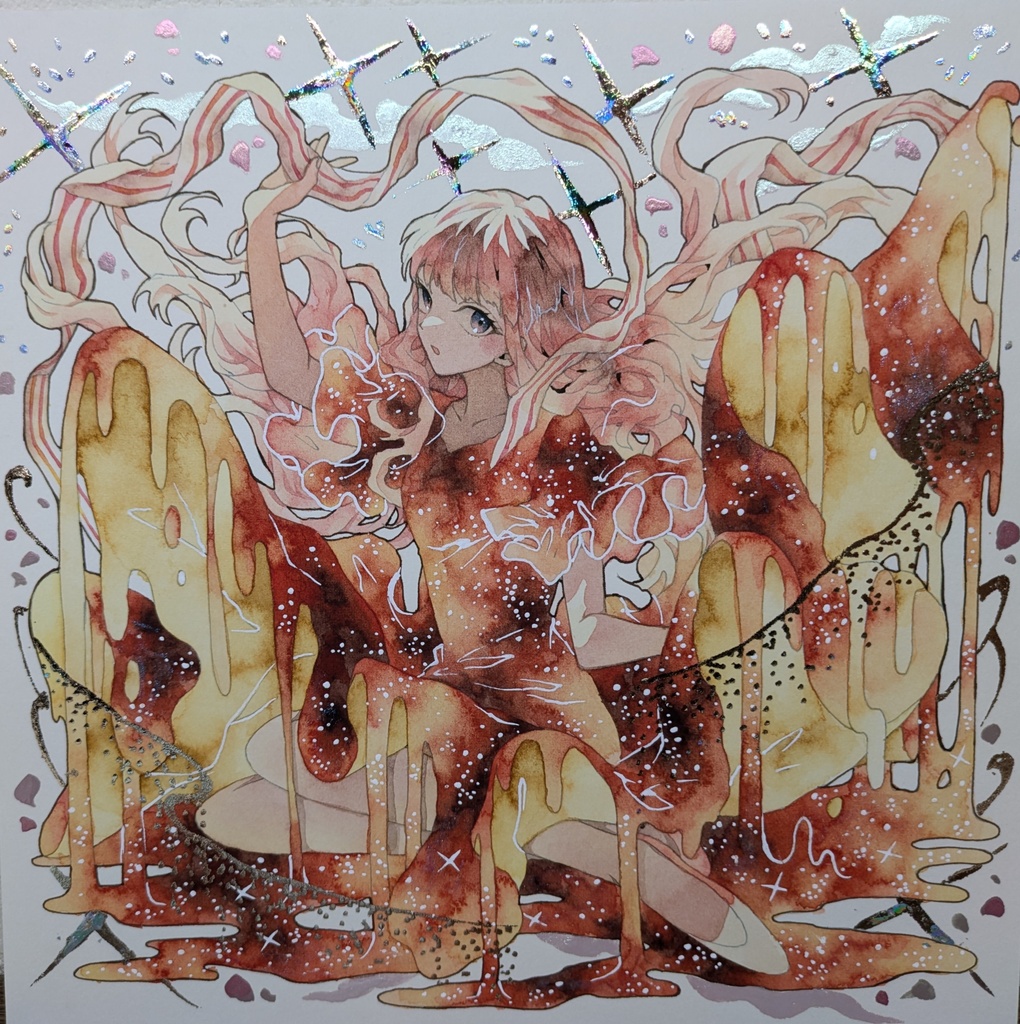 手描きイラスト オリジナル 「魔法のスカート」 原画 創作 女の子 変形サイズ 透明水彩