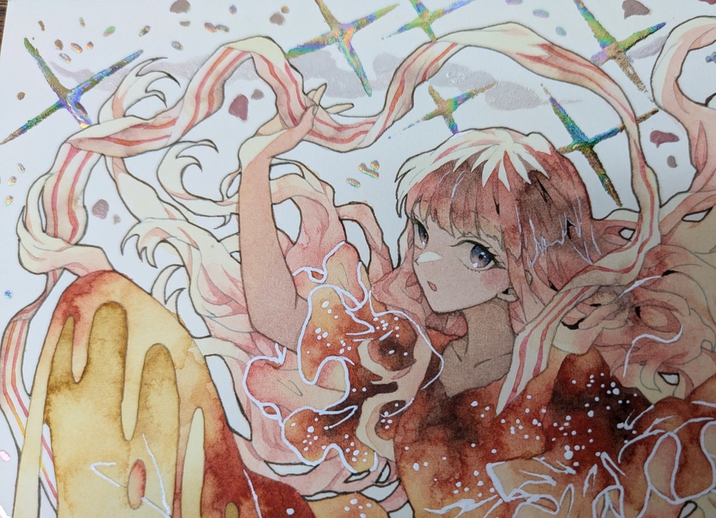 手描きイラスト オリジナル 「魔法のスカート」 原画 創作 女の子 変形サイズ 透明水彩