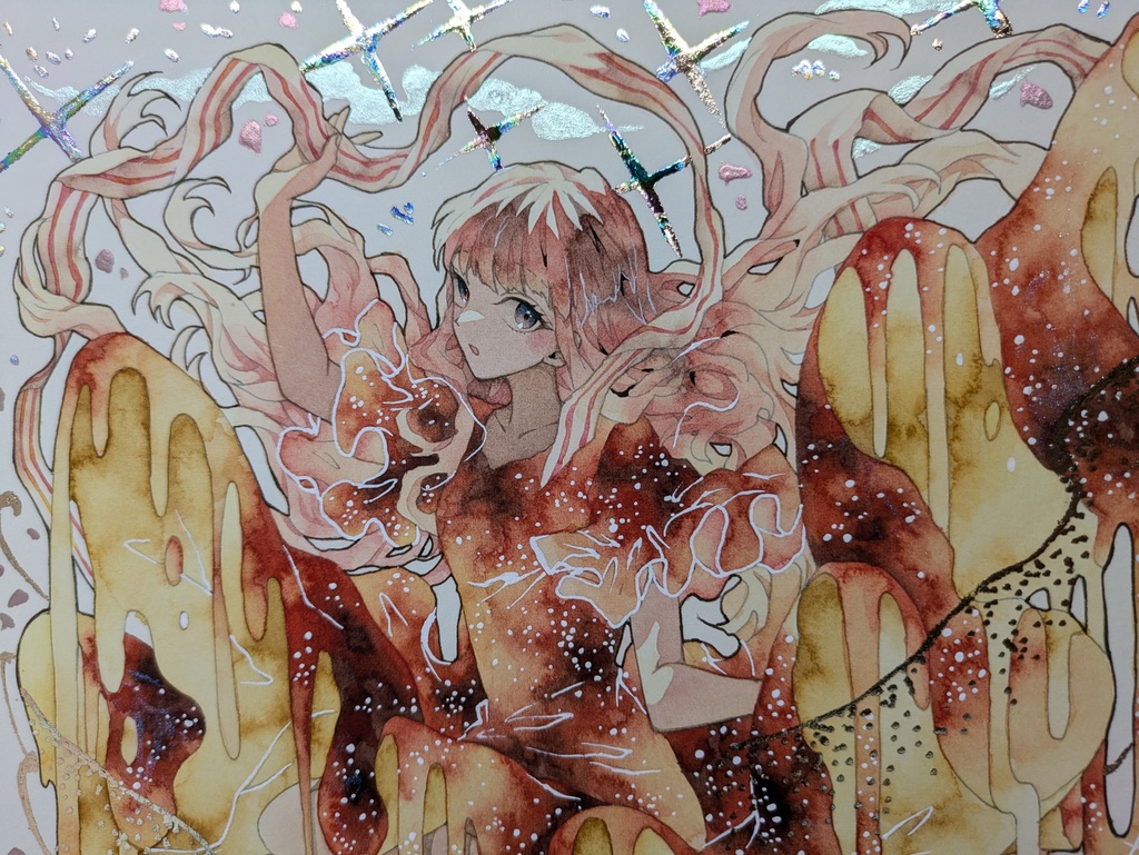 手描きイラスト オリジナル 「魔法のスカート」 原画 創作 女の子 変形サイズ 透明水彩