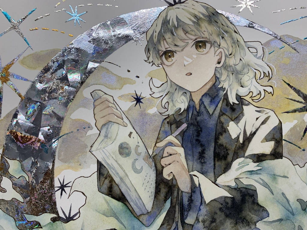 手描きイラスト オリジナル 「月の記憶」 原画 創作 男の子 変形サイズ 透明水彩