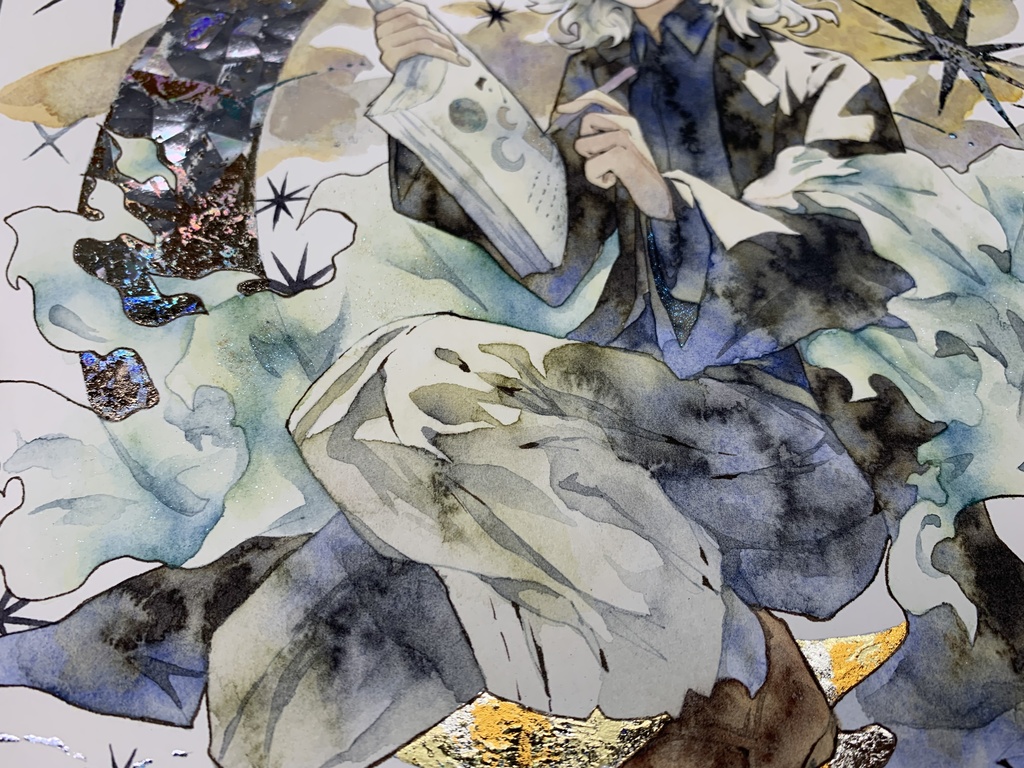 手描きイラスト オリジナル 「月の記憶」 原画 創作 男の子 変形サイズ 透明水彩