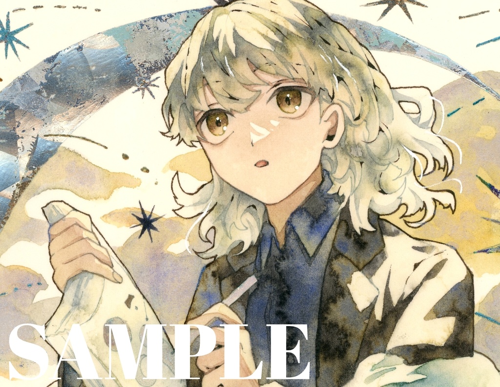 手描きイラスト オリジナル 「月の記憶」 原画 創作 男の子 変形サイズ 透明水彩