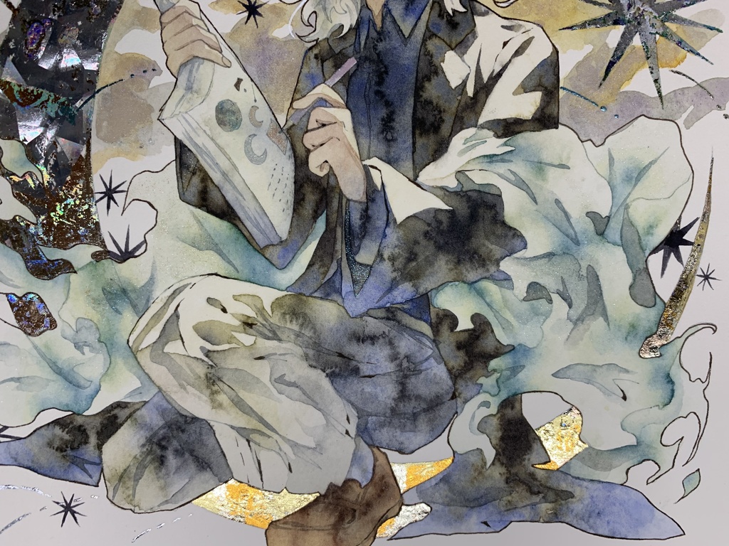 手描きイラスト オリジナル 「月の記憶」 原画 創作 男の子 変形サイズ 透明水彩