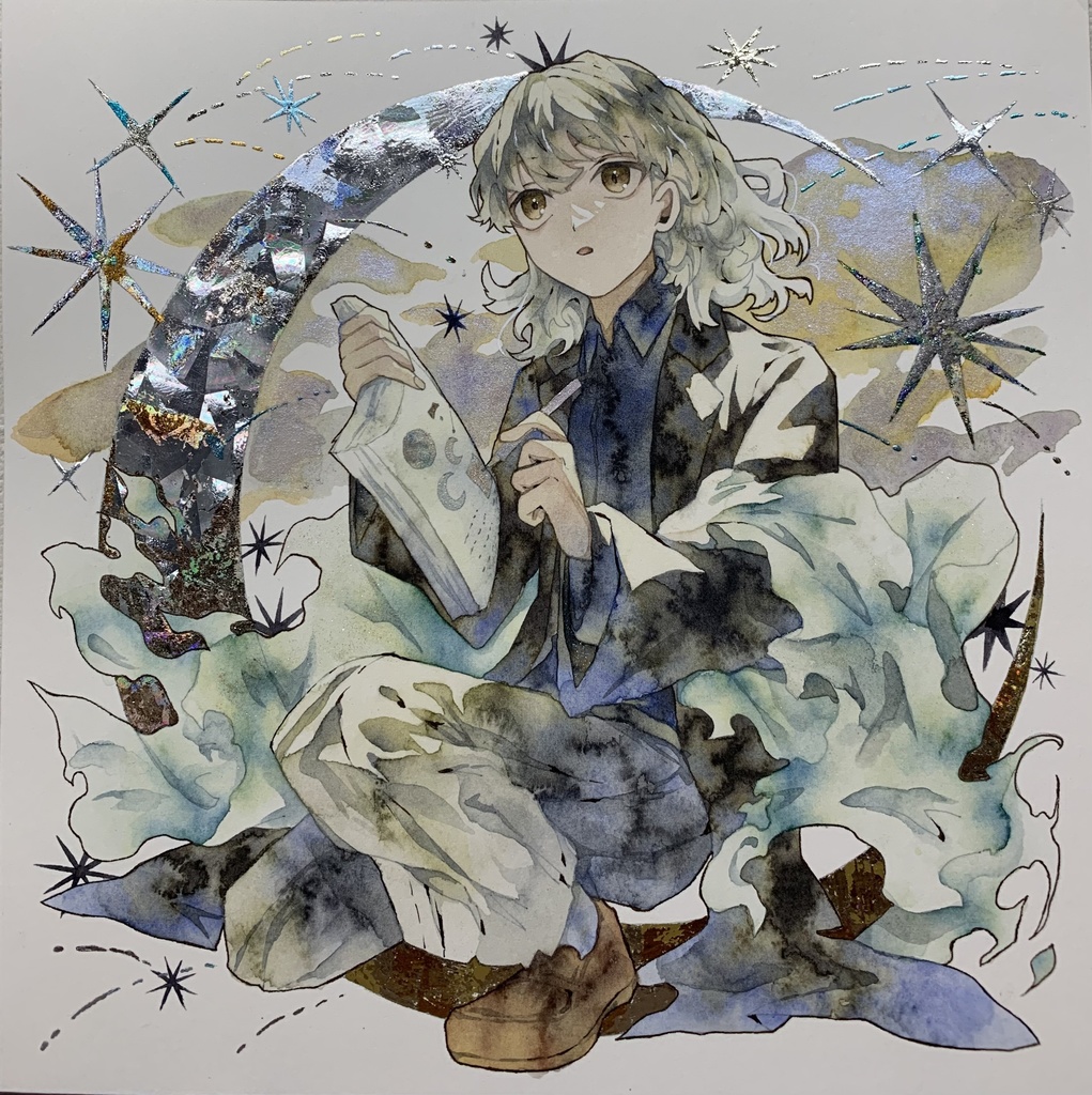 手描きイラスト オリジナル 「月の記憶」 原画 創作 男の子 変形サイズ 透明水彩