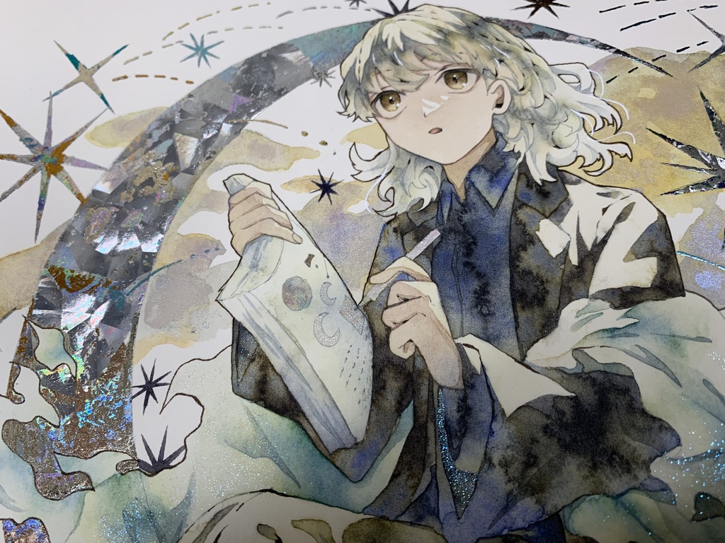 手描きイラスト オリジナル 「月の記憶」 原画 創作 男の子 変形サイズ 透明水彩