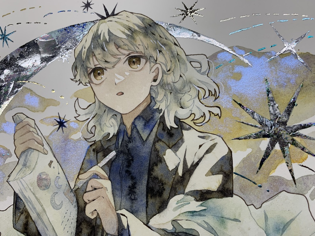 手描きイラスト オリジナル 「月の記憶」 原画 創作 男の子 変形サイズ 透明水彩