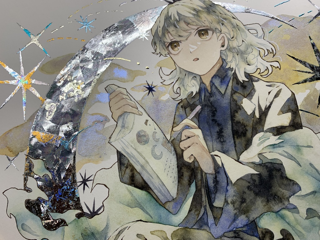 手描きイラスト オリジナル 「月の記憶」 原画 創作 男の子 変形サイズ 透明水彩