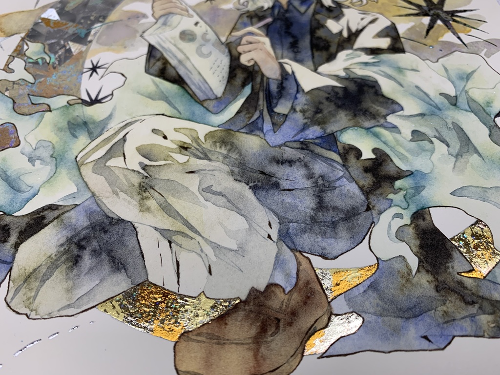 手描きイラスト オリジナル 「月の記憶」 原画 創作 男の子 変形サイズ 透明水彩