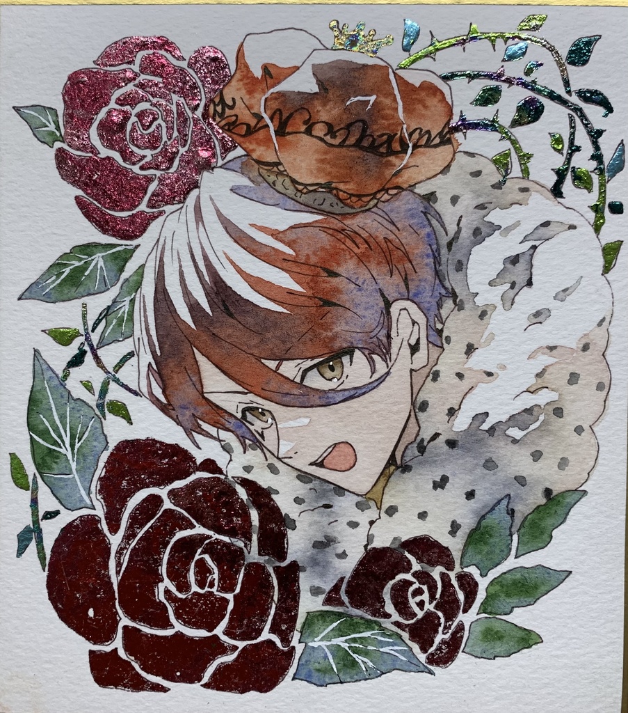 手描きイラスト オリジナル 「ハートの王様」 原画 創作 男の子 青年 1/4色紙サイズ 透明水彩