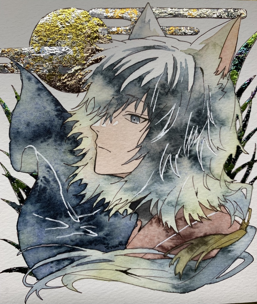 手描きイラスト オリジナル 「旅路の途中で」 原画 創作 男の子 青年 1/4色紙サイズ 透明水彩