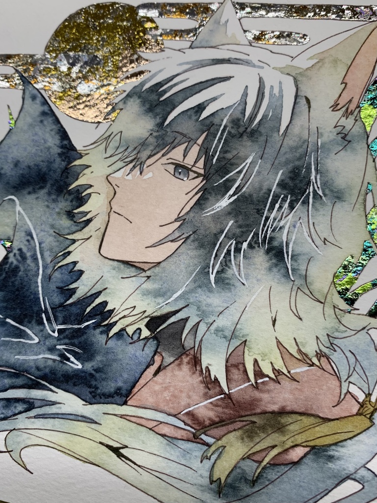 手描きイラスト オリジナル 「旅路の途中で」 原画 創作 男の子 青年 1/4色紙サイズ 透明水彩