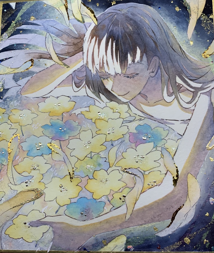 手描きイラスト オリジナル 「独り占め」 原画 創作 女の子 1/4色紙サイズ 不透明水彩