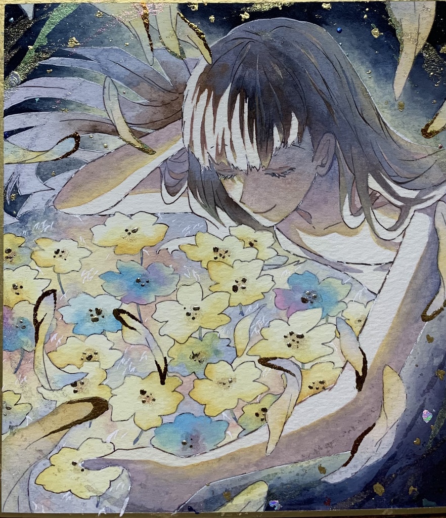 手描きイラスト オリジナル 「独り占め」 原画 創作 女の子 1/4色紙サイズ 不透明水彩