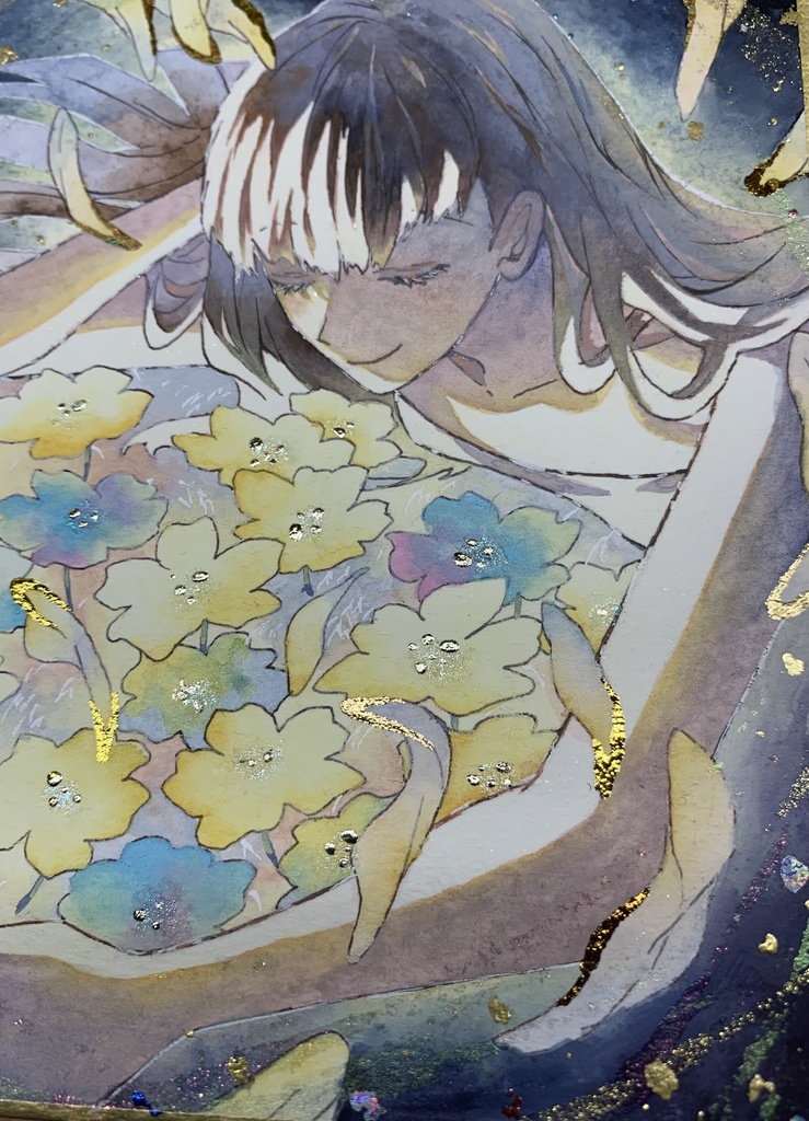 手描きイラスト オリジナル 「独り占め」 原画 創作 女の子 1/4色紙サイズ 不透明水彩