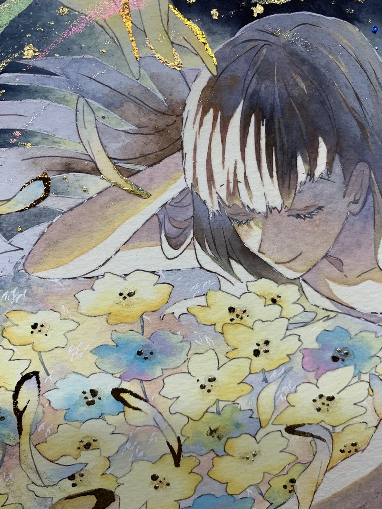 手描きイラスト オリジナル 「独り占め」 原画 創作 女の子 1/4色紙サイズ 不透明水彩