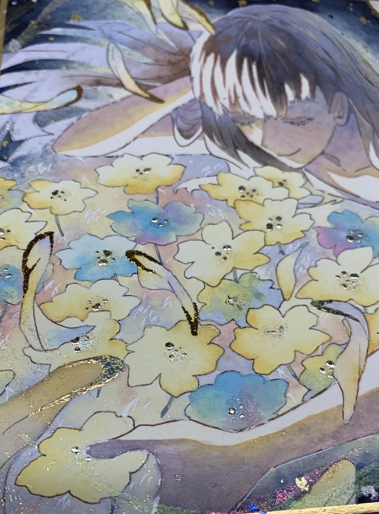 手描きイラスト オリジナル 「独り占め」 原画 創作 女の子 1/4色紙サイズ 不透明水彩