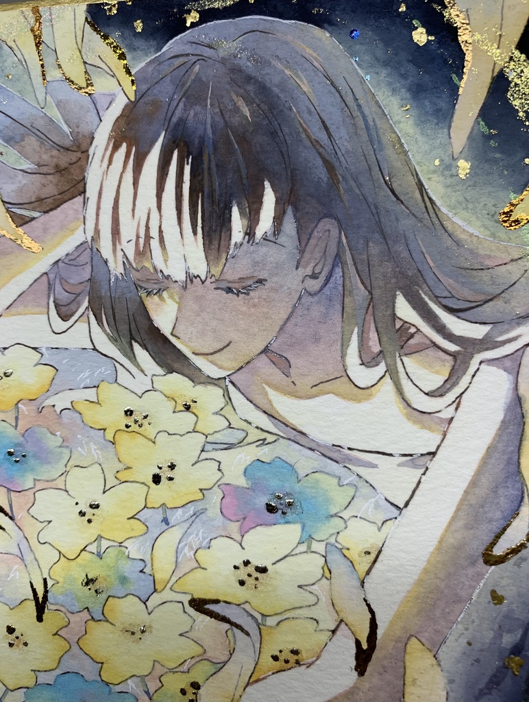 手描きイラスト オリジナル 「独り占め」 原画 創作 女の子 1/4色紙サイズ 不透明水彩