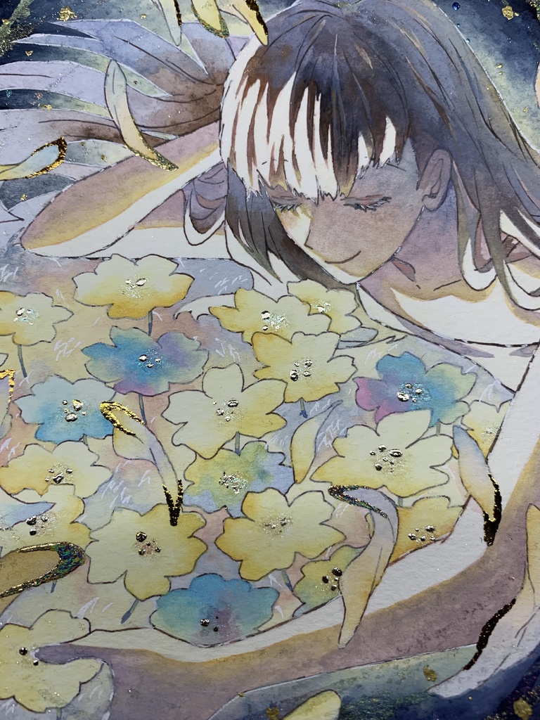 手描きイラスト オリジナル 「独り占め」 原画 創作 女の子 1/4色紙サイズ 不透明水彩