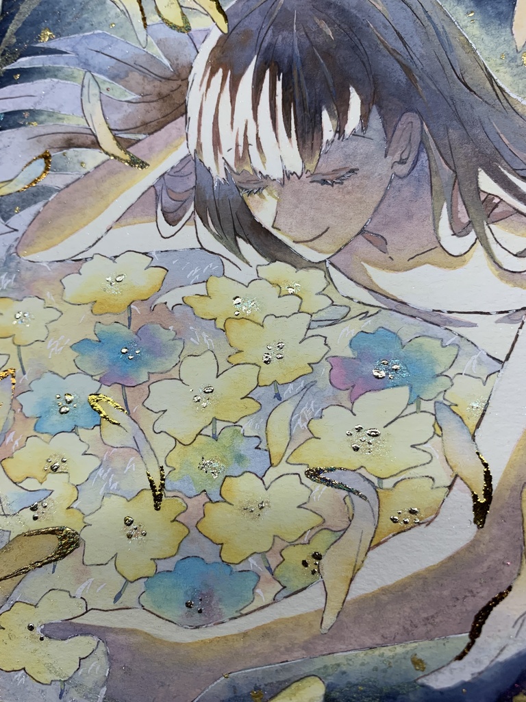 手描きイラスト オリジナル 「独り占め」 原画 創作 女の子 1/4色紙サイズ 不透明水彩