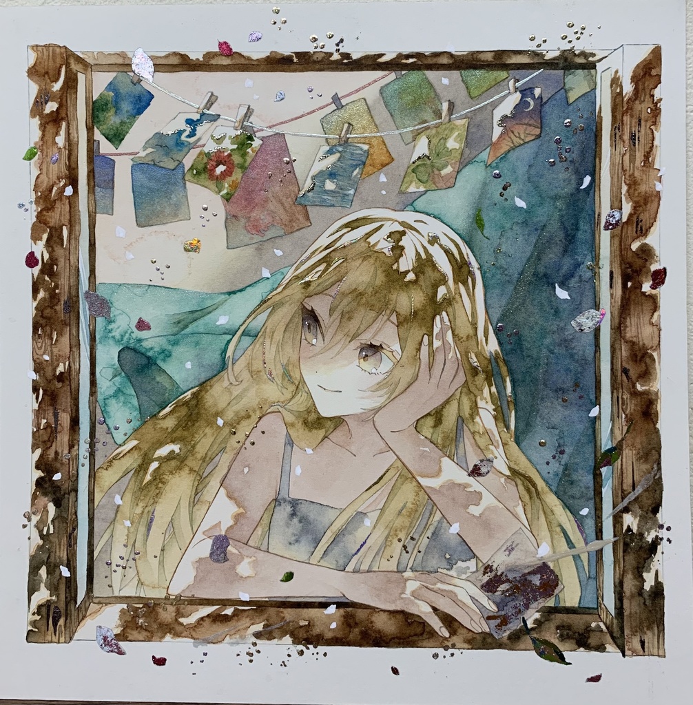 手描きイラスト オリジナル 「窓を開けたら」 原画 創作 女の子 変形サイズ 透明水彩