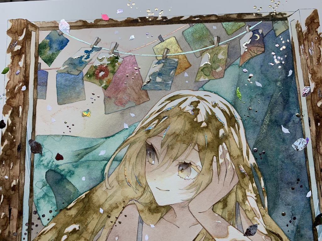 手描きイラスト オリジナル 「窓を開けたら」 原画 創作 女の子 変形サイズ 透明水彩