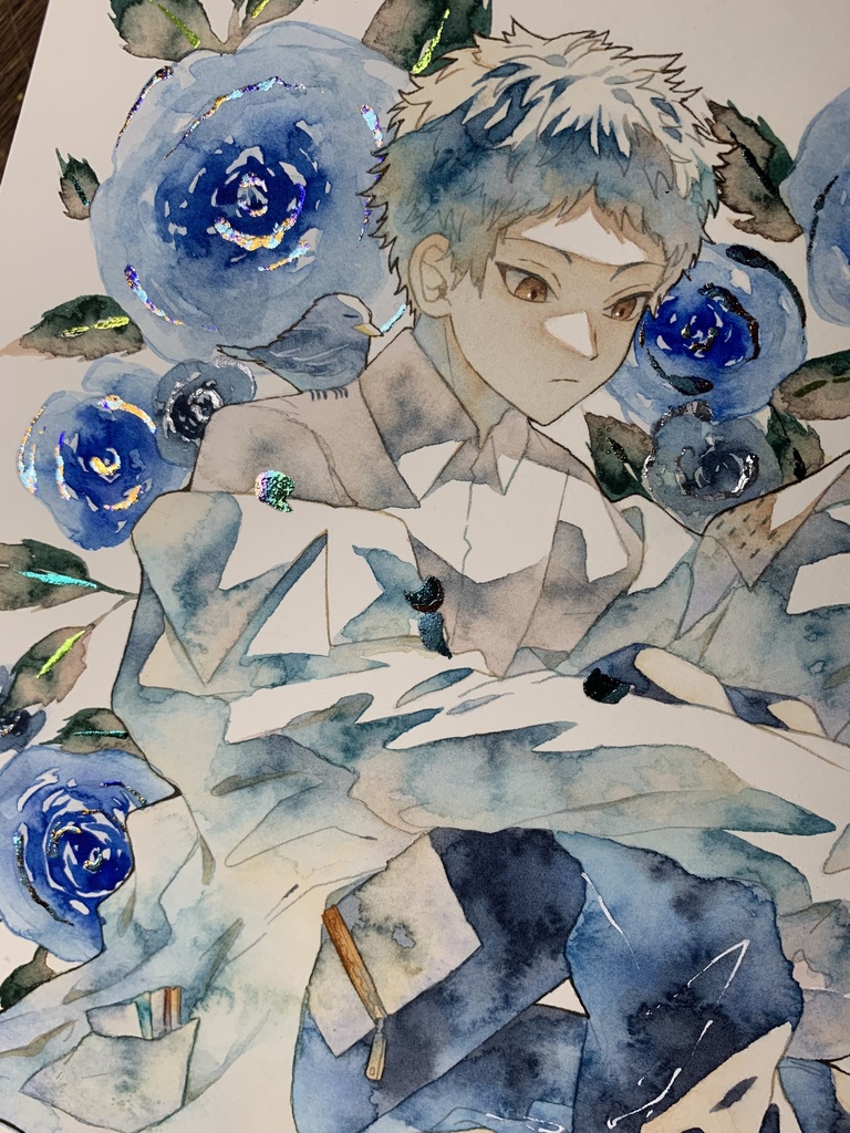 手描きイラスト オリジナル 「青薔薇博士の研究日和」 原画 創作 男の子 変形サイズ 透明水彩