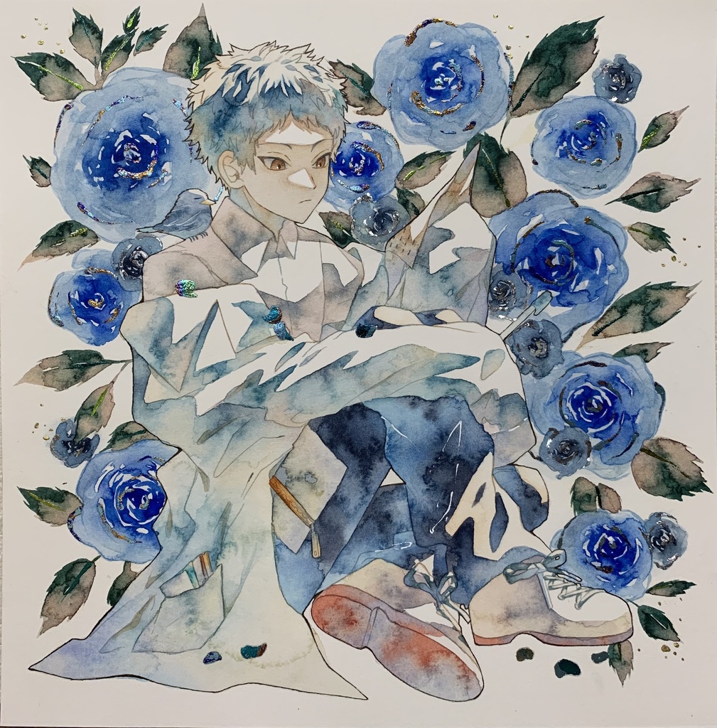 手描きイラスト オリジナル 「青薔薇博士の研究日和」 原画 創作 男の子 変形サイズ 透明水彩