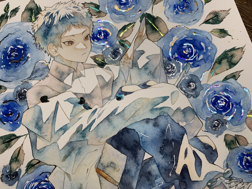 手描きイラスト オリジナル 「青薔薇博士の研究日和」 原画 創作 男の子 変形サイズ 透明水彩