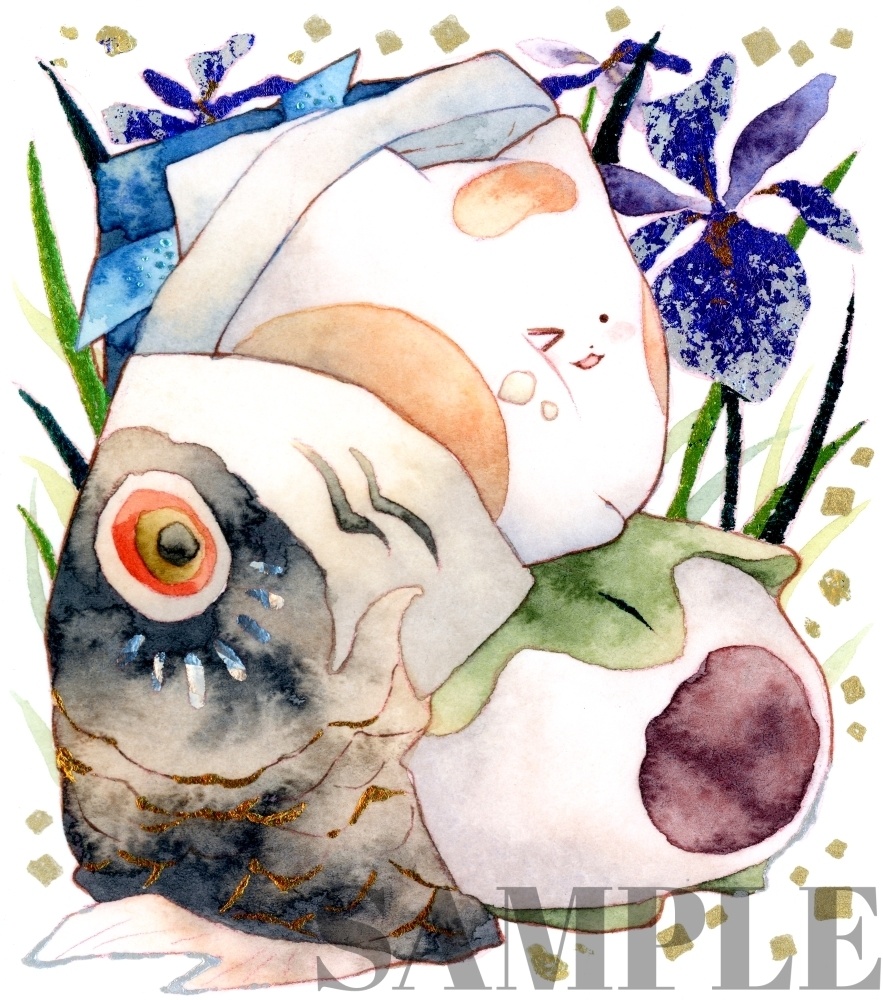 手描きイラスト オリジナル　「こどもの日」　原画　創作　うたもち　秋田犬　1/4色紙サイズ　透明水彩