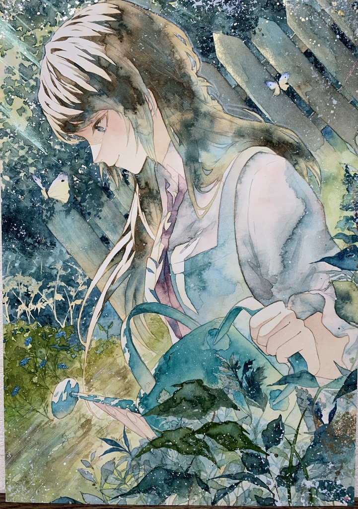 手描きイラスト オリジナル 「朝の光を浴びながら」 原画 創作 女の子 A4サイズ 透明水彩