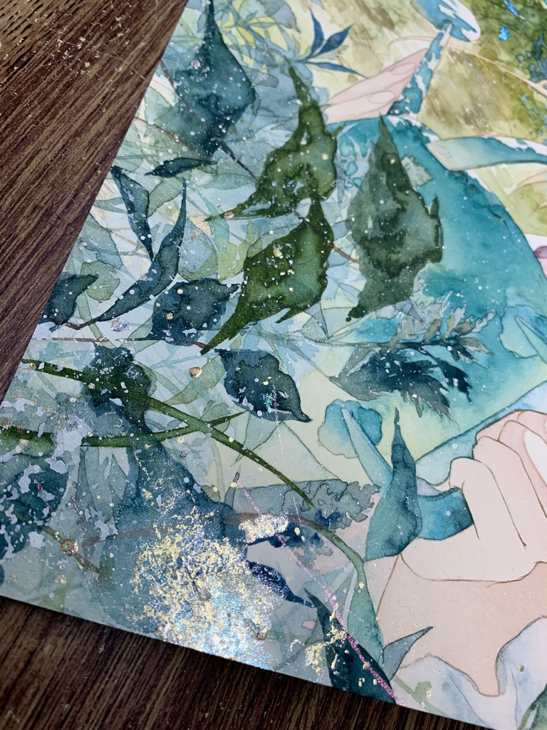 手描きイラスト オリジナル 「朝の光を浴びながら」 原画 創作 女の子 A4サイズ 透明水彩