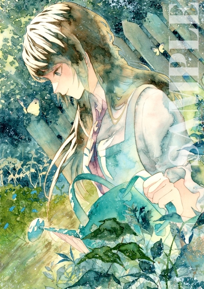 手描きイラスト オリジナル 水彩イラスト 花と少女達（大サイズ