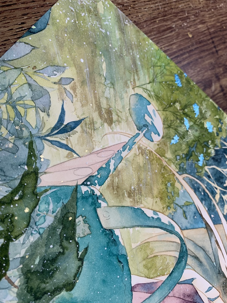 手描きイラスト オリジナル 「朝の光を浴びながら」 原画 創作 女の子 A4サイズ 透明水彩