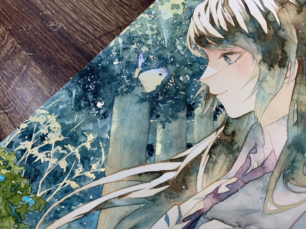 手描きイラスト オリジナル 「朝の光を浴びながら」 原画 創作 女の子 A4サイズ 透明水彩