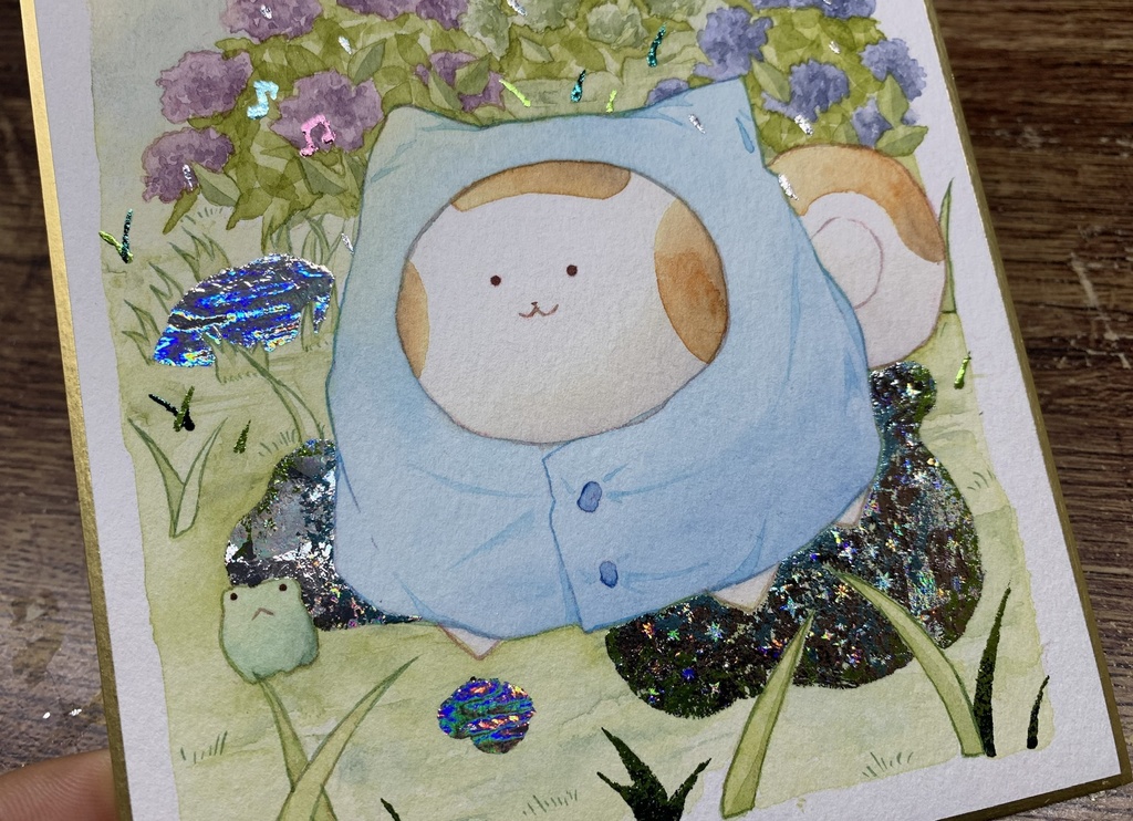 手描きイラスト オリジナル 「雨上がり」 原画 創作 うたもち 秋田犬 1/4色紙サイズ 透明水彩