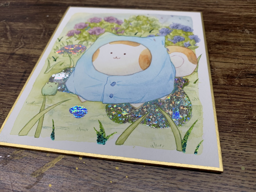 手描きイラスト オリジナル 「雨上がり」 原画 創作 うたもち 秋田犬 1/4色紙サイズ 透明水彩