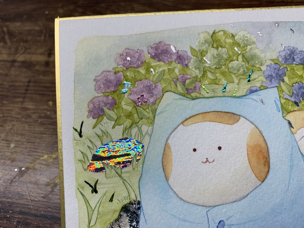 手描きイラスト オリジナル 「雨上がり」 原画 創作 うたもち 秋田犬 1/4色紙サイズ 透明水彩