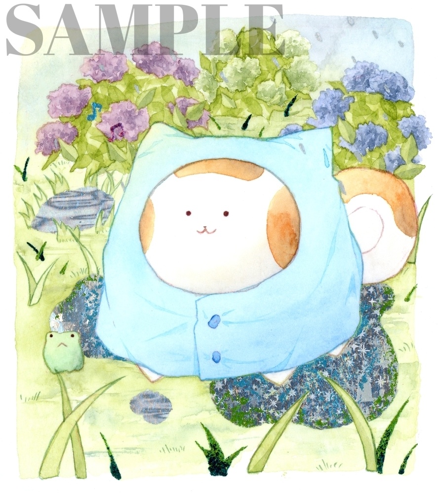 手描きイラスト オリジナル　「雨上がり」　原画　創作　うたもち　秋田犬　1/4色紙サイズ　透明水彩