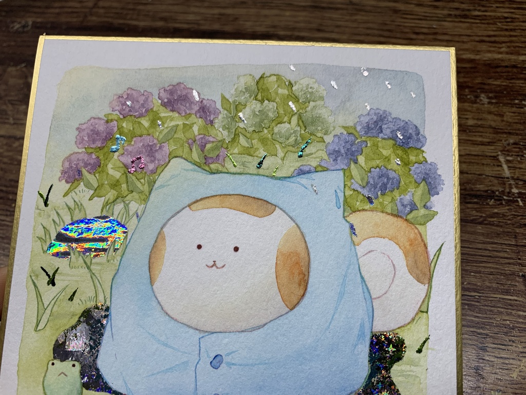 手描きイラスト オリジナル 「雨上がり」 原画 創作 うたもち 秋田犬 1/4色紙サイズ 透明水彩