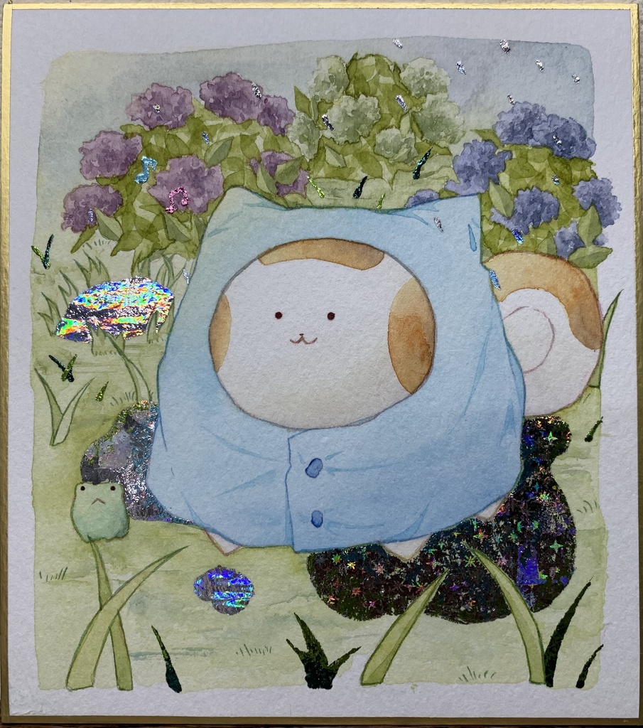 手描きイラスト オリジナル 「雨上がり」 原画 創作 うたもち 秋田犬 1/4色紙サイズ 透明水彩