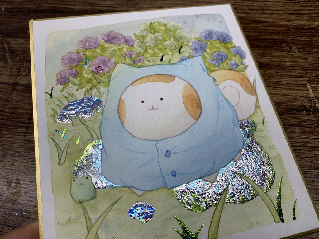 手描きイラスト オリジナル 「雨上がり」 原画 創作 うたもち 秋田犬 1/4色紙サイズ 透明水彩