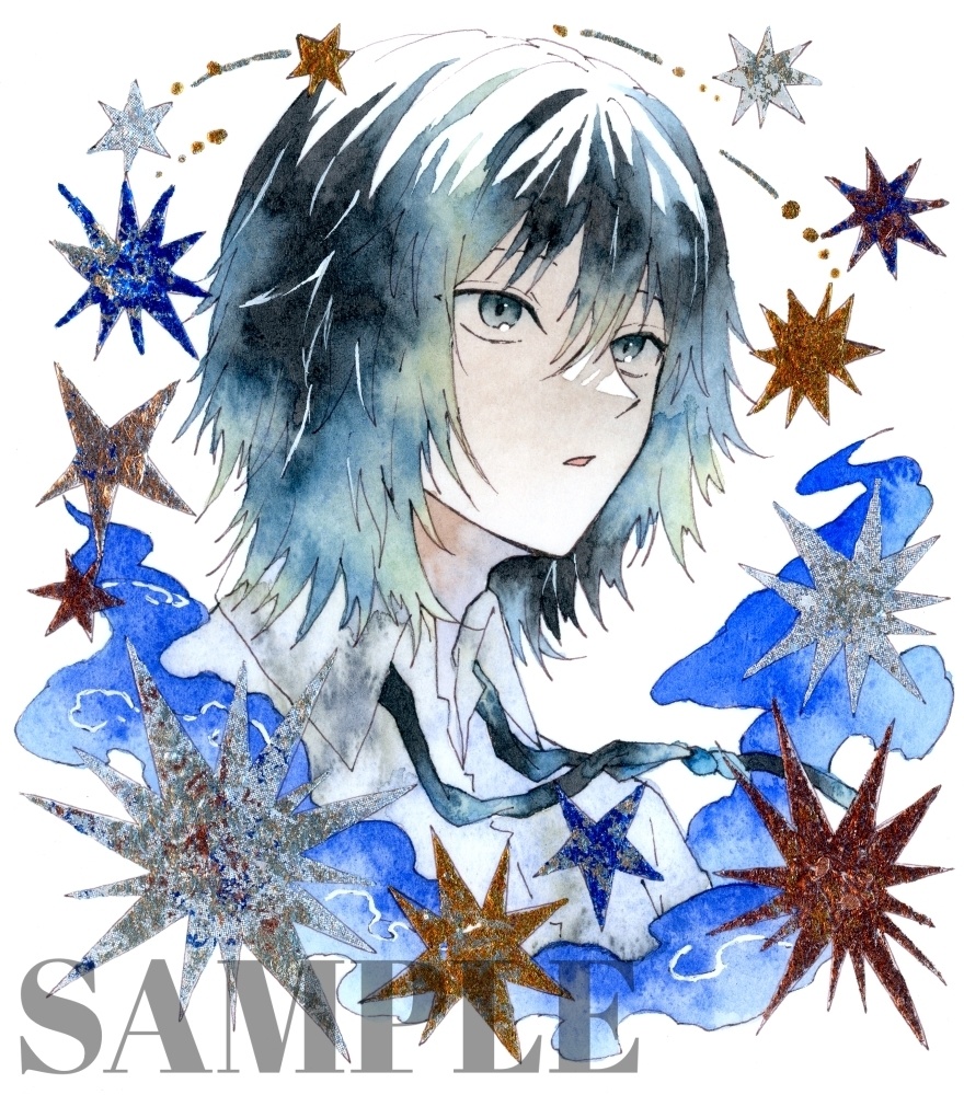 手描きイラスト オリジナル　「星」　原画　創作　男の子　青年　1/4色紙サイズ　透明水彩