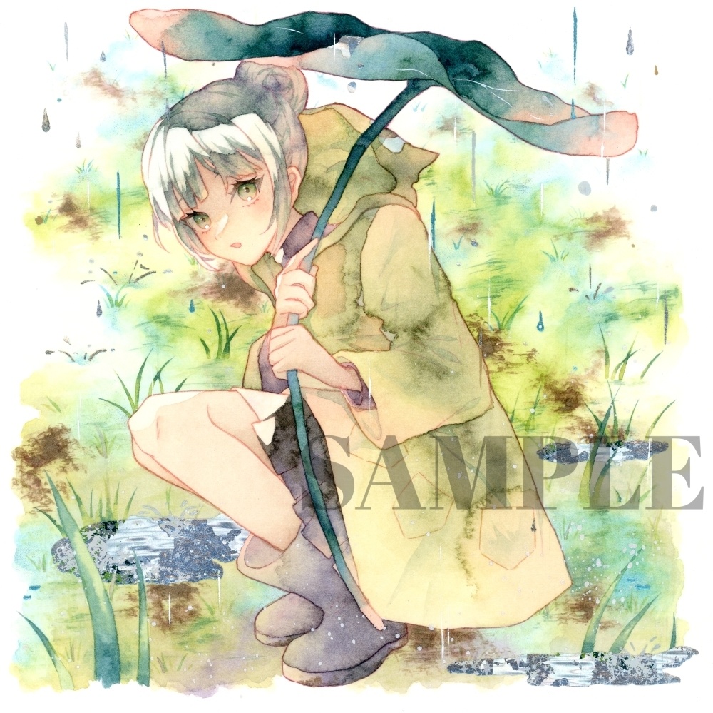 オリジナル 手描きイラスト 女の子 「雨の日の散歩道」 正方形サイズ 透明水彩