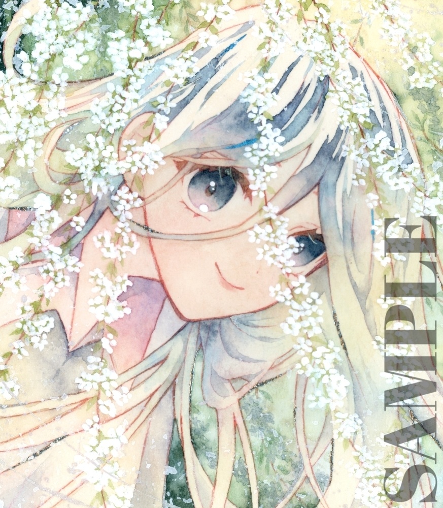 オリジナル 手描きイラスト 女の子 「雪柳のカーテン」 1/4色紙サイズ
