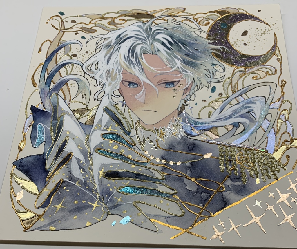 オリジナル 手描きイラスト 男の子 青年 「月の魔法使い」 正方形サイズ 透明水彩